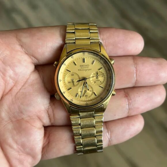 Seiko Chronograph Watch Men 37mm Gold Dial Two Tone 7A28-7020 - Picture 2 of 7